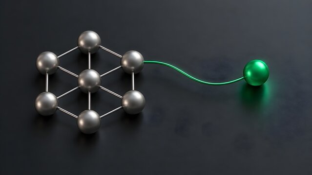 3D network connection concept showing a unique green sphere breaking away from a metallic molecular structure symbolizing innovation and leadership.