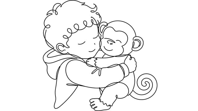 Boy Hugging Monkey white background.