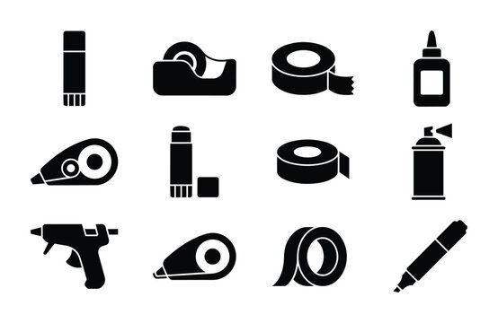 Office Supplies Icons Set: Glue Stick, Tape Dispenser, Correction Tape, Spray Adhesive, Hot Glue Gun, Marker Pen