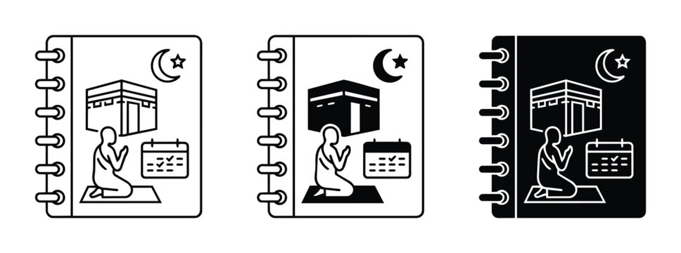 Islamic Prayer Icons: Kaaba, Praying Muslim, Calendar, Crescent Moon, Spiral Notebook Set