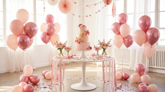 Elegant rose gold and pink birthday party room with cake