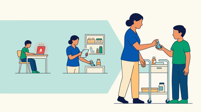 Healthcare Assistant Giving Medicine To Boy With Medical Cart
