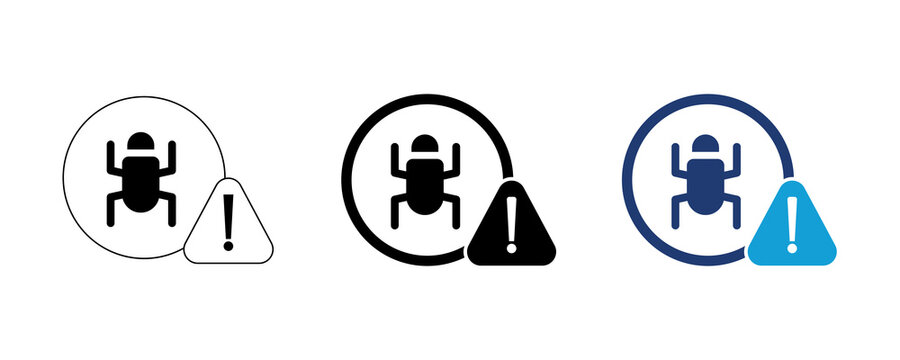 Software bug and alert warning icon set in three styles for security and debugging apps on transparent background.