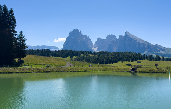 Alpe di Siusi at sunny morning sunrise, Dolomites mountains, Italy