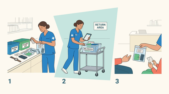 Healthcare worker returning patient belongings, medical illustration
