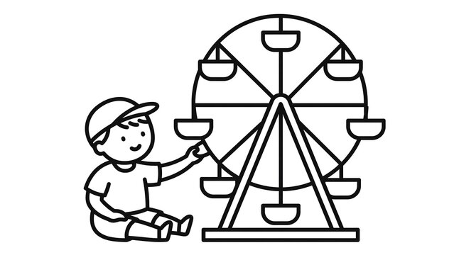 Boy sitting next to Ferris wheel white background.