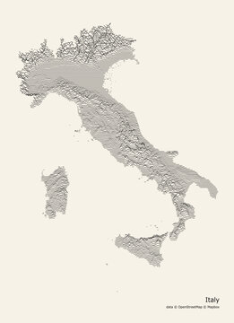 Monochrome shaded relief map poster of Italy, displaying 3D topographical terrain, Alps, Apennine Mountains, Sicily, and Sardinia in a clean beige aesthetic.