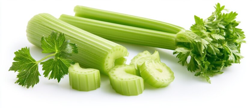 Set of sliced celery stalks and pressed delicate celery leaves, pure white background