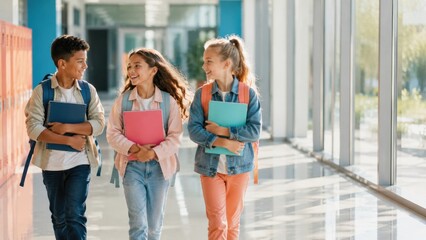 Obraz premium Happy Diverse Schoolchildren Walking Together Through Bright Modern School Hallway