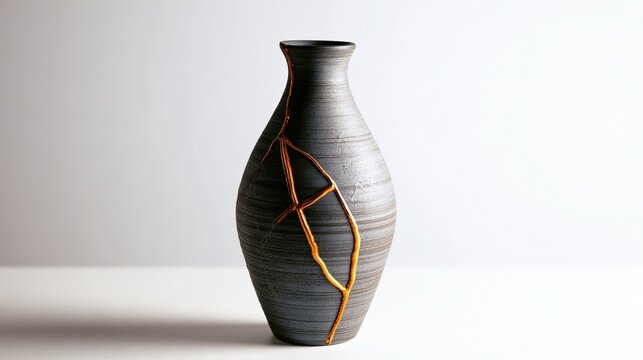 Kintsugi ceramic vase with gold veins, broken and repaired, minimal background