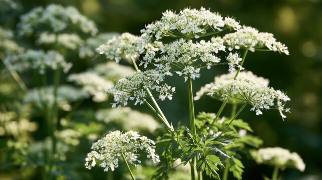 Tall lovage herb cluster in summer garden, blooming umbels, soft daylight, shallow depth for herbal content