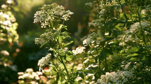 Lovage plants in summer garden, umbrella flowers, soft light, botanical illustration style, green white