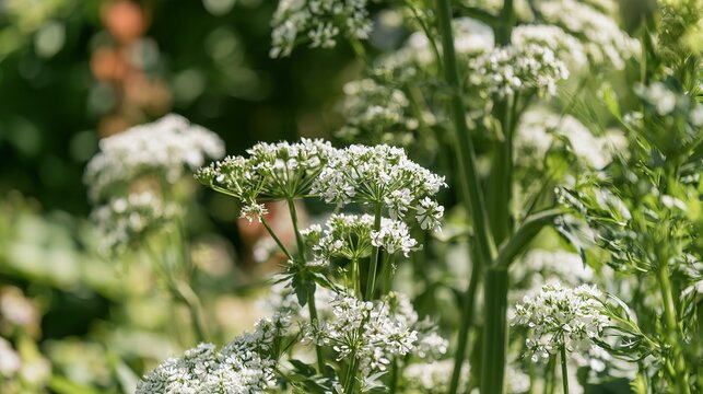 Tall lovage cluster in summer garden, umbrella flowers, soft light, botanical style, green white palette