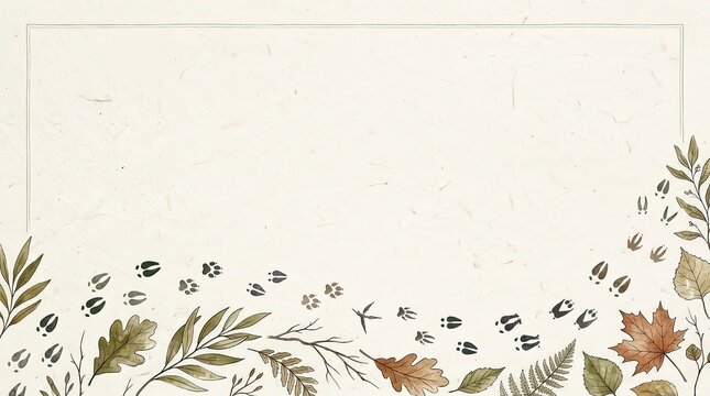 Elegant autumn frame design with watercolor fallen leaves and wild animal tracks