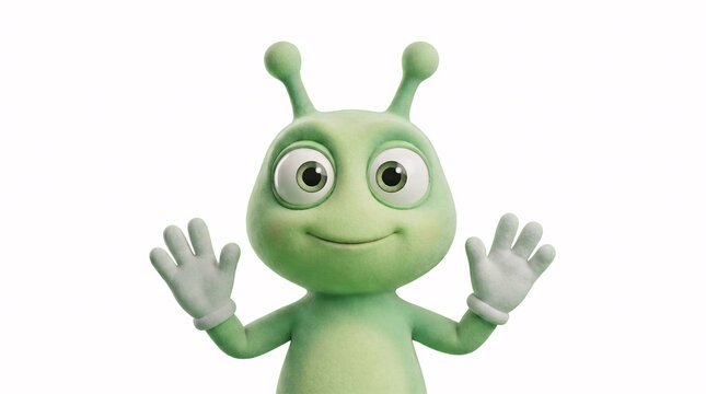 Cute green 3D cartoon alien character waving hand isolated