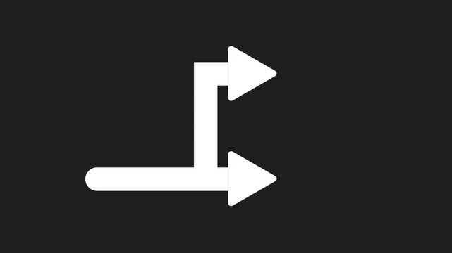 Animation of a thick white arrow splitting in half to the right. HD video with dark background. Seamless looping video.