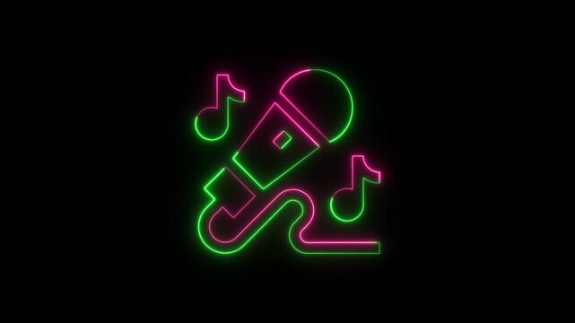 Neon glowing microphone icon with musical notes for music and karaoke concepts