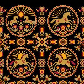 Seamless folk art pattern featuring stylized horses and sun motifs in a traditional decorative style with vibrant floral elements on a black background for textile and wallpaper design