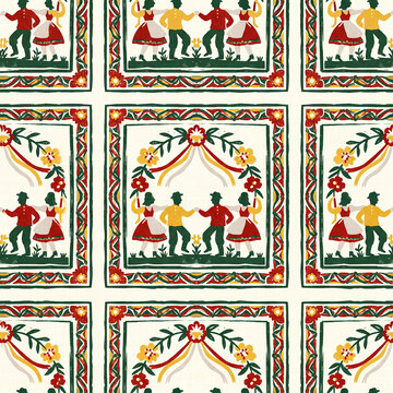 Seamless folk art pattern featuring traditional couples dancing in a festive floral frame with vibrant red green and yellow colors for cultural textile design and heritage projects