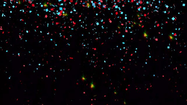 Gigantic explosion of colorful confetti and ribbons on black screen, realistic party celebration animation for birthday, anniversary, wedding, new year and festive events