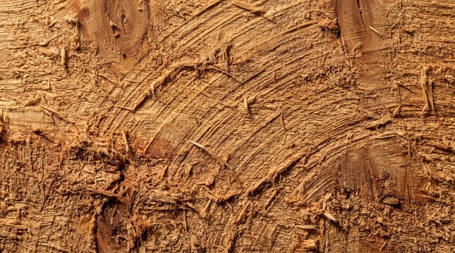 Rough sawn timber texture background with natural wooden fiber closeup. High-resolution macro shot of a rough sawn timber surface showcasing raw wood grain, splinters, and circular saw cuts. 