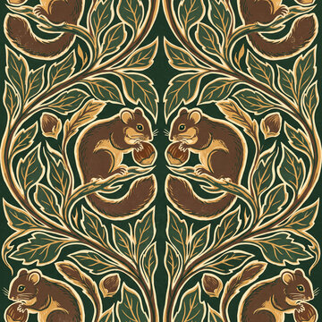 Seamless pattern featuring symmetrical squirrels holding acorns amidst intricate botanical foliage in a classic arts and crafts style with a deep forest green and earthy brown color palette
