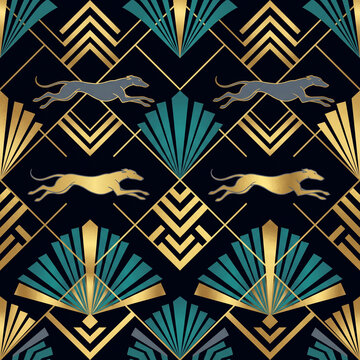 Elegant art deco seamless pattern featuring stylized running greyhounds with metallic gold and teal geometric fan motifs on a deep black background for luxury interior design projects