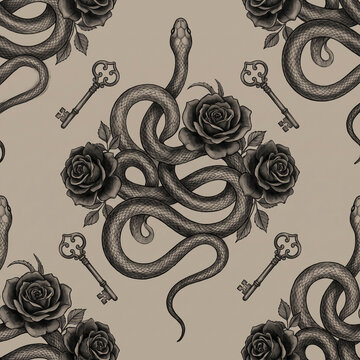 Seamless pattern featuring a detailed coiled snake intertwined with blooming roses and vintage skeleton keys in a sophisticated monochromatic pencil sketch style for elegant surface design