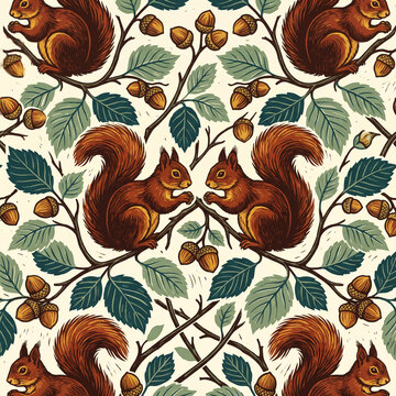 Seamless pattern featuring cute squirrels perched on oak branches with acorns and leaves in a vintage linocut woodblock print style for autumn seasonal textile design projects