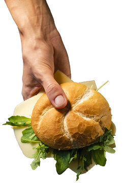 Person grabbing a delicious healthy cheese bun sandwich with green leaves, transparent PNG.