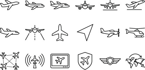 Fototapeta premium Aviation and commercial airplane travel line icons set representing international flight transportation and global tourism logistics