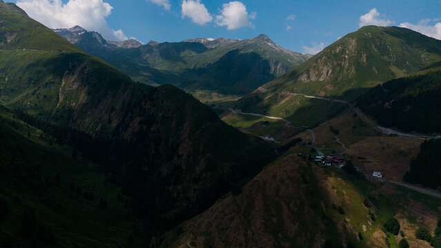 Breathtaking panorama of morning wild nature high in mountains