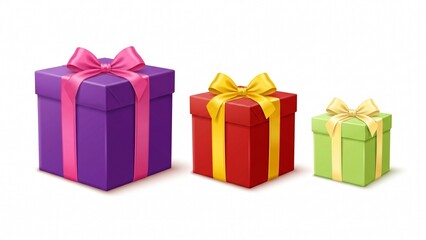 Fototapeta premium Three colorful wrapped gift boxes with vibrant silk ribbons arranged neatly in order on white background