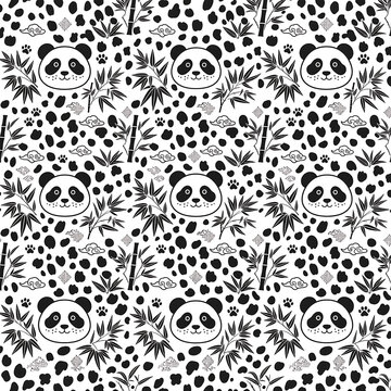 Seamless pattern with panda black white bamboo leaves cute Asia flat vector perfect for textile wallpaper fabric background kids nursery packaging.