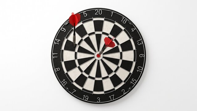 Sharp red darts hitting the center and outer ring of a classic dartboard on white background