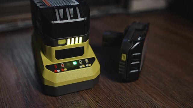 Power tool battery charging on charger station with level indicator lights showing charging process and energy level on floor