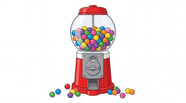 Bright red vintage gumball machine filled with colorful small candy spheres placed on white background