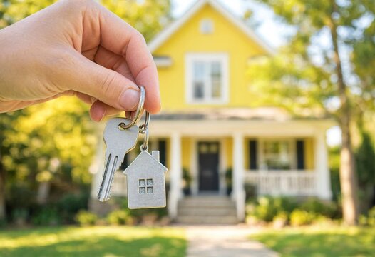 Hand holding house keys with a home-shaped keychain, symbolizing real estate purchase, property ownership, relocation, rental, mortgage, moving, and new beginnings.