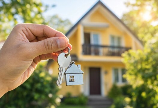 Hand holding house keys with a home-shaped keychain, symbolizing real estate purchase, property ownership, relocation, rental, mortgage, moving, and new beginnings.