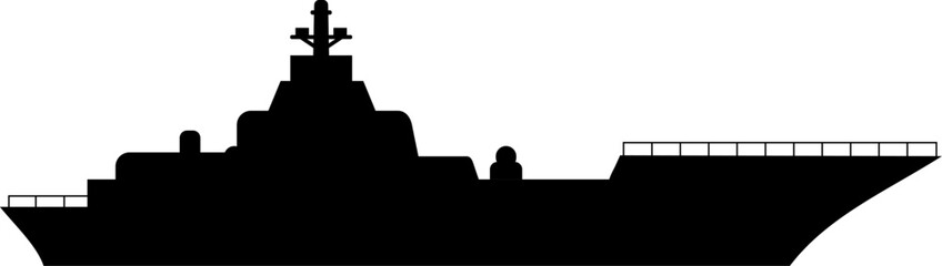 Military vessel silhouette depicting a large aircraft carrier or helicopter dock on a white background © Tartila