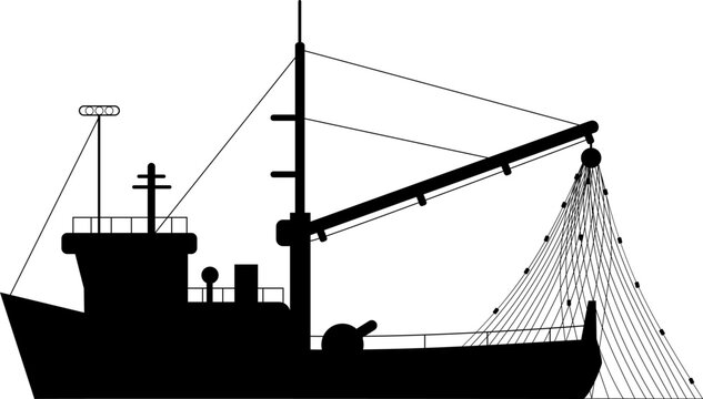 Fishing boat silhouette pulling a trawl net, illustrating a commercial fishing industry concept
