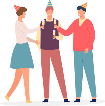 Three friends wearing party hats celebrating and toasting with drinks