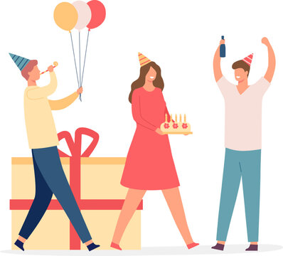 People enjoying a festive birthday party with balloons, cake, and gifts