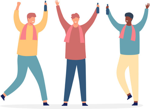 Three diverse men raising bottles, celebrating cheerful moments together
