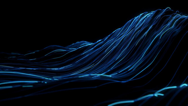 Abstract flowing waves of glowing blue light lines moving across a dark background, creating a sense of fluid motion, data streams, or digital connectivity in a minimalist 3D style