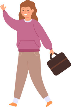 Smiling woman walking and waving hand while carrying a bag