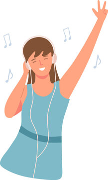 Young woman listening to music with headphones and raising her arm in joy