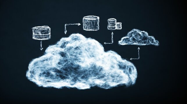 Digital cloud computing infrastructure network diagram with connected database icons illustrated in white glowing lines on a dark blue background