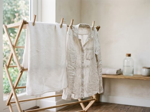 Linen shirt and towel drying on wooden drying rack by window