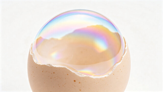 Iridescent eggshell inner membrane macro with rainbow pastel colors on white background